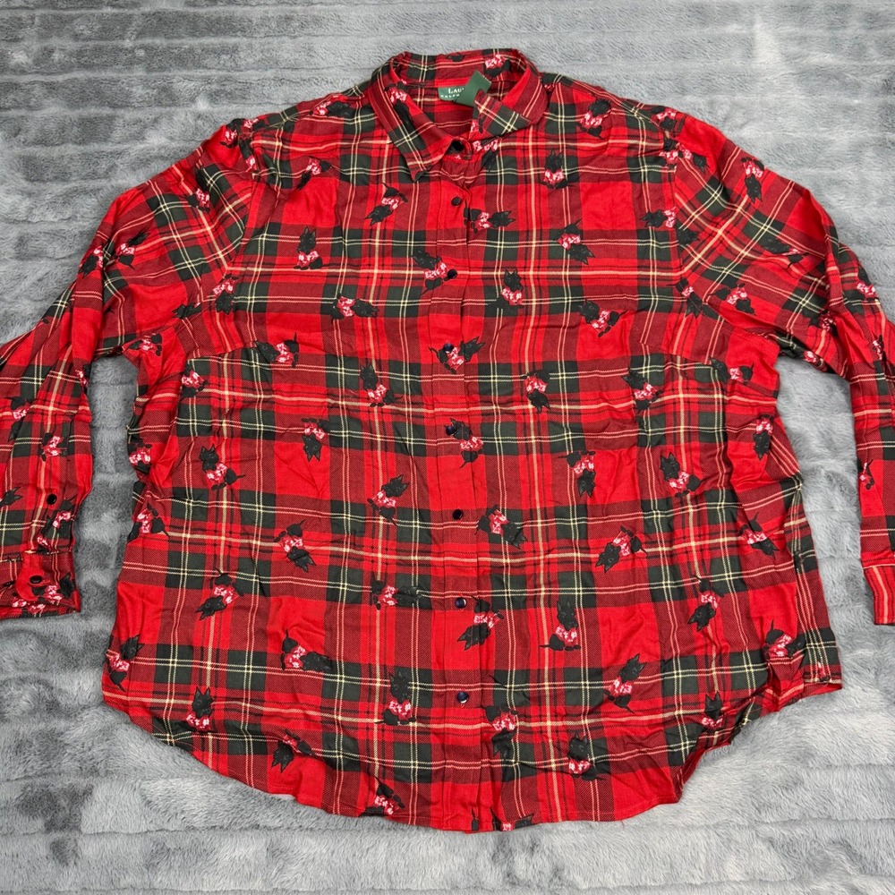 Lauren Ralph Lauren Red Plaid Scottie Dog Rayon Wool Shirt 3X Womens Holiday